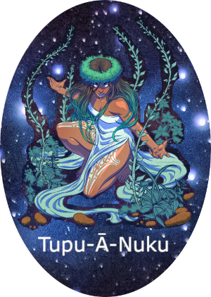 a representation of the mythical tupu-ā-nuku, crouched among rocks
            and plants on a starry background