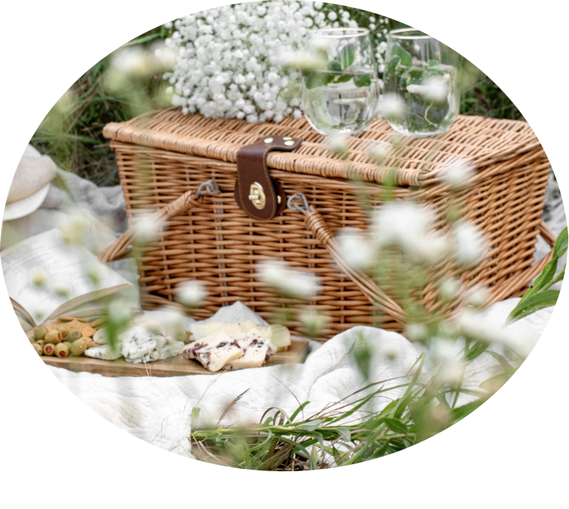 a picnic blanket surrounded by white flowers, on which sits 
            a basket, a book, a board with olives and cheeses, and two glasses