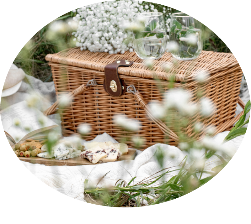 a picnic blanket surrounded by white flowers, on which sits 
            a basket, a book, a board with olives and cheeses, and two glasses